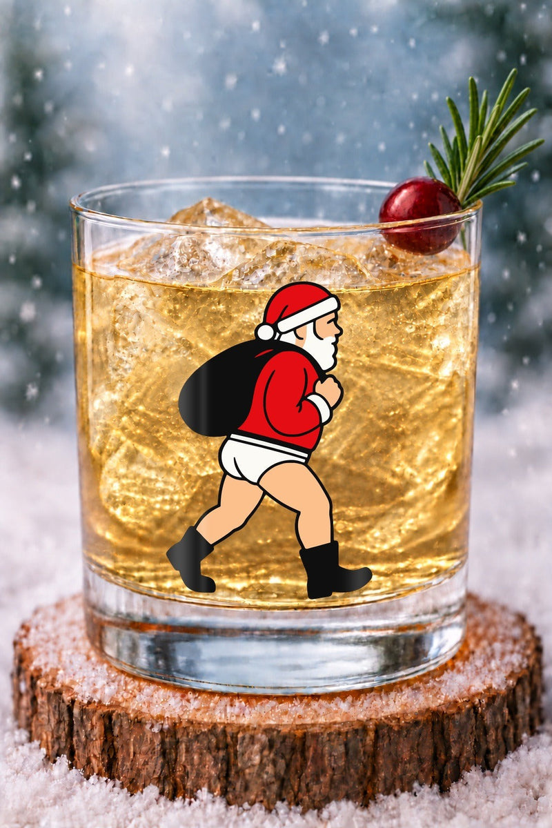 Nauti Claus Xmas Whities 14 oz rocks glass with Santa in white briefs and boots with his sack