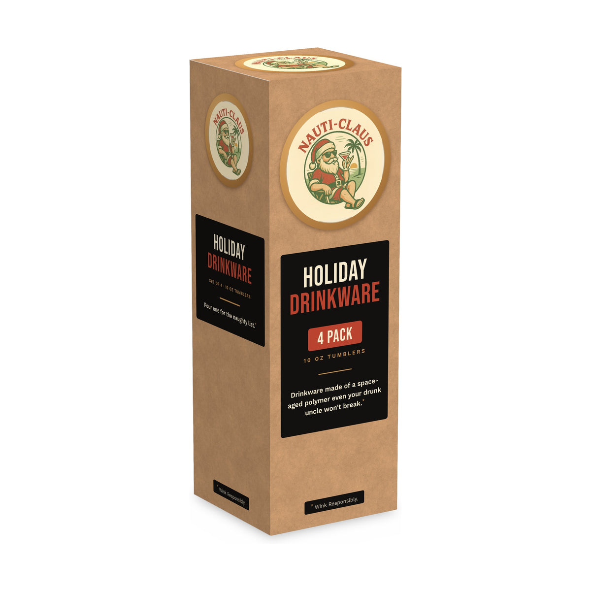 Nauti Claus Holiday Drinkware 4-pack gift box for 10 oz tumblers