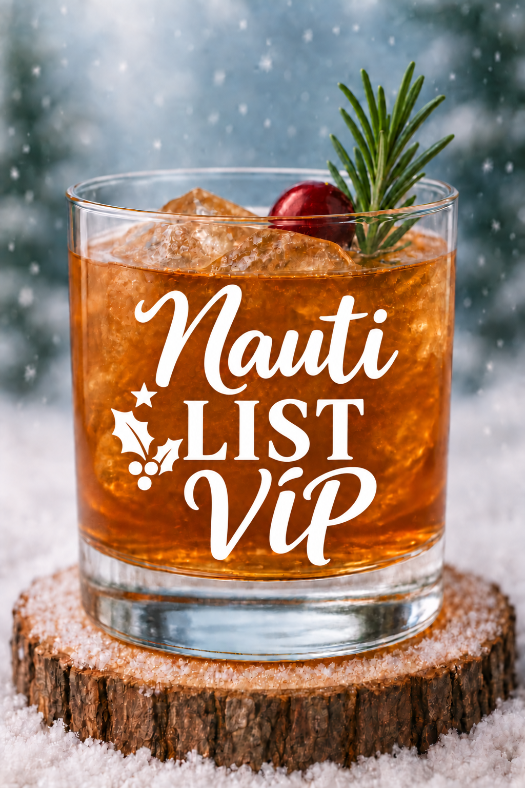 Nauti Claus A-Lister 10 oz rocks glass printed with a white "Nauti List VIP" slogan