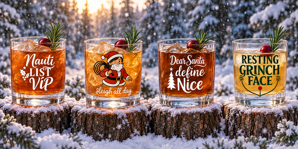 Holi-Dom set of four funny Christmas rocks glasses with cheeky Nauti Claus slogans