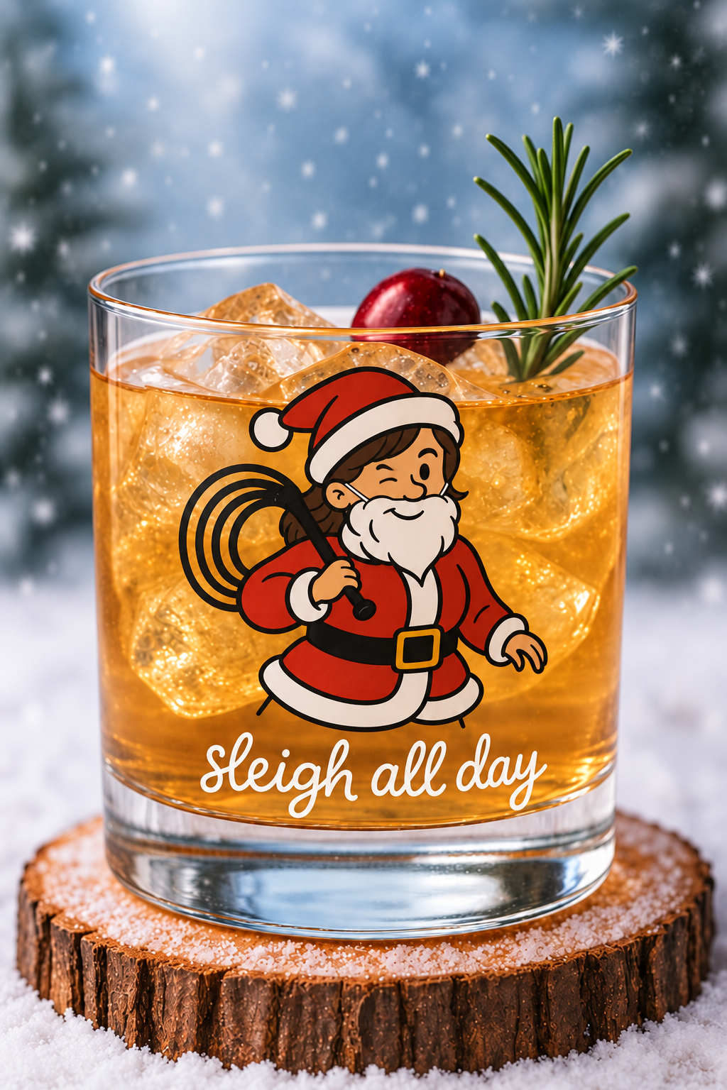 Holi-Flogger rocks tumbler with winking Santa and “sleigh all day” artwork, an amber drink, cranberry, and rosemary on a snowy wood slice.