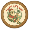 Nauti-Claus logo: Santa in sunglasses on a beach chair with a cocktail, palm tree behind him