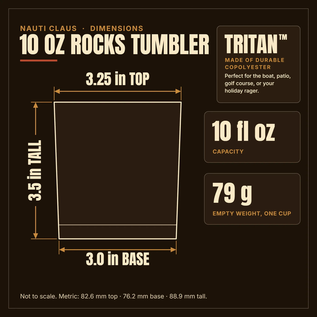 Nauti Claus 10 oz rocks tumbler dimension diagram: 3.25-inch top, 3.5-inch height, and 3-inch base.
