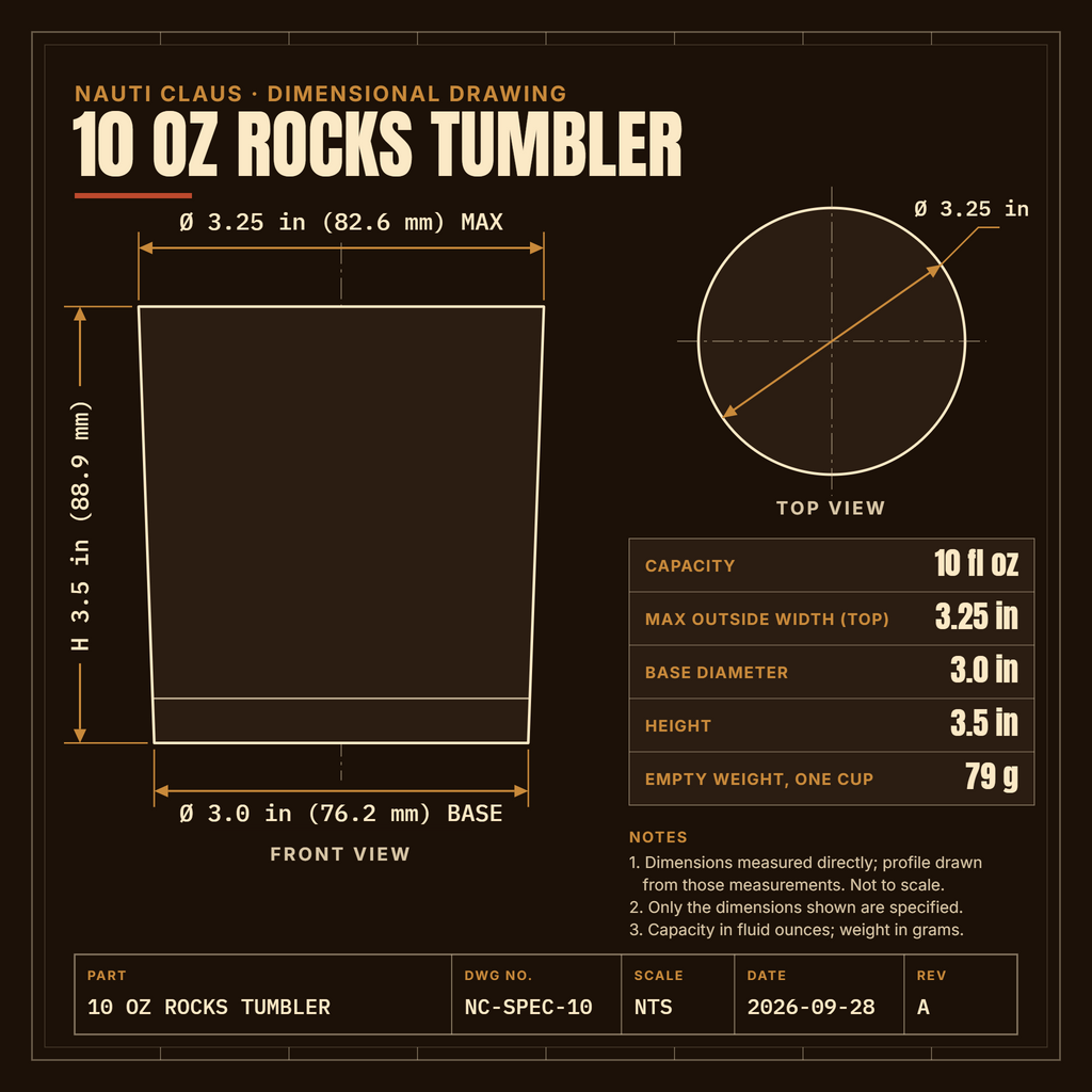 Nauti Claus 10 oz rocks tumbler dimensional drawing: front and top views; 3.25 in top, 3.0 in base, 3.5 in tall; 10 fl oz; 79 g empty
