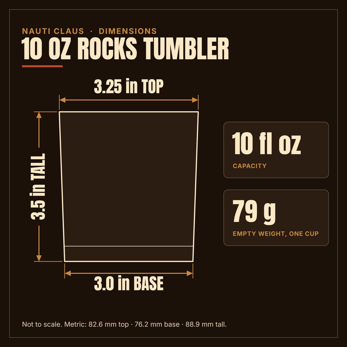 Nauti Claus 10 oz rocks tumbler dimensions: 3.25 in top, 3.0 in base, 3.5 in tall; 10 fl oz; 79 g empty