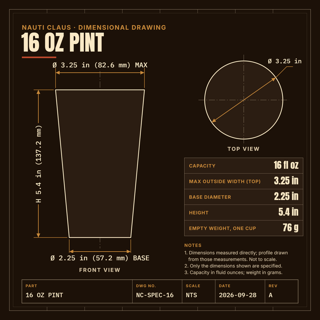 Nauti Claus 16 oz pint dimensional drawing: front and top views; 3.25 in top, 2.25 in base, 5.4 in tall; 16 fl oz; 76 g empty