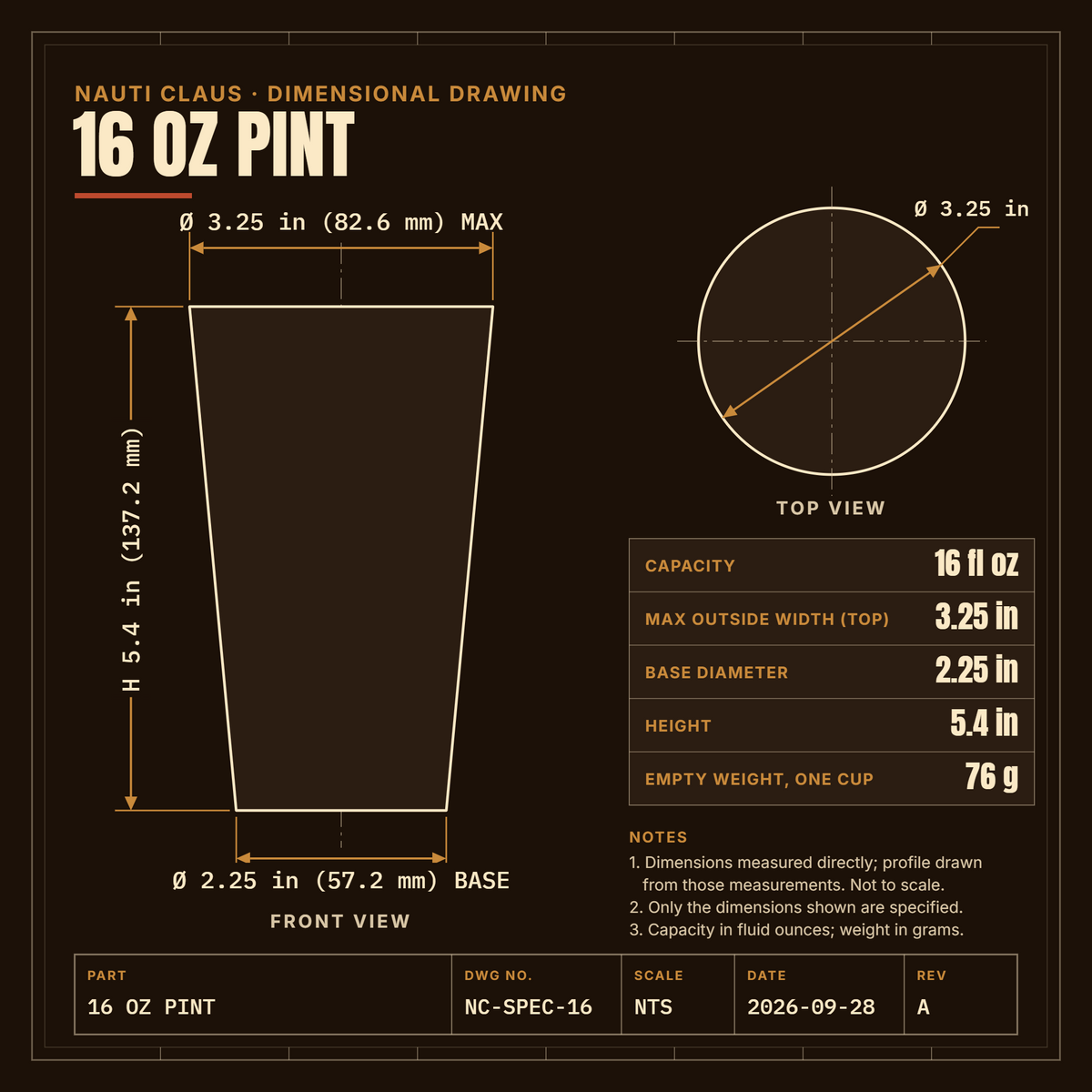 Nauti Claus 16 oz pint dimensional drawing: front and top views; 3.25 in top, 2.25 in base, 5.4 in tall; 16 fl oz; 76 g empty