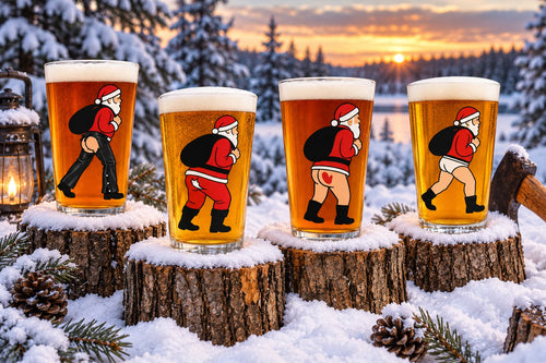 Holi-Bottom set of four pint glasses with cheeky rear views of Santa carrying his sack