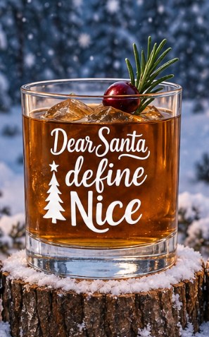 Nauti Claus The Angel 10 oz rocks glass printed with a white "Dear Santa, Define Nice" slogan