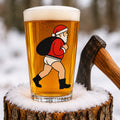 Nauti Claus Xmas Whities 16 oz pint glass printed with Santa with his sack stripped down to his white briefs